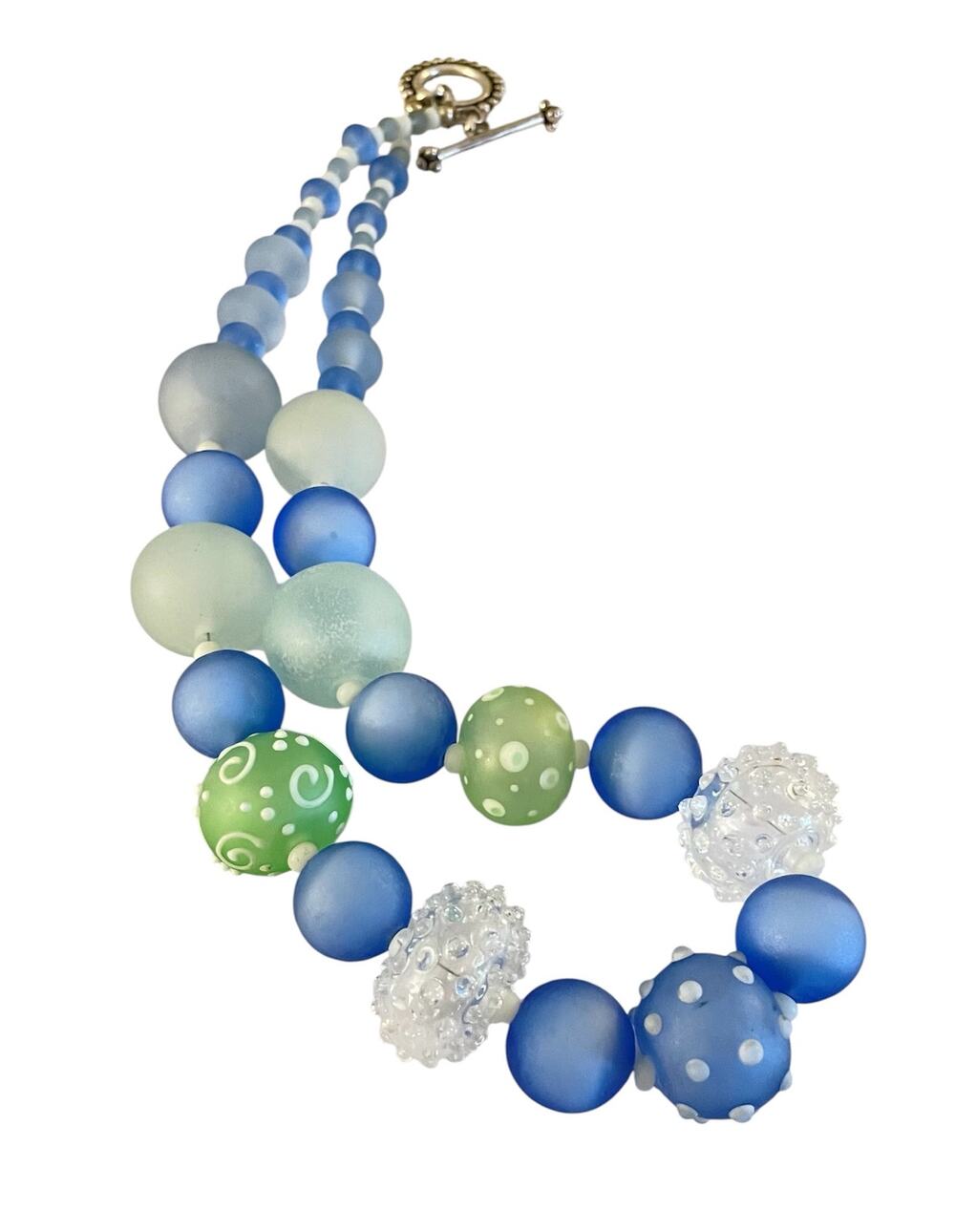 Handmade Lampwork Light Blue Green Graduated Hollow Glass Bead Necklace 22"